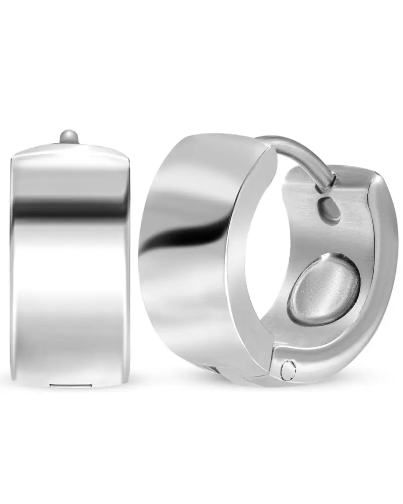 Polished silver magnetic neodymium therapy hoop earrings in stainless steel with sleek finish and secure clasp mechanism