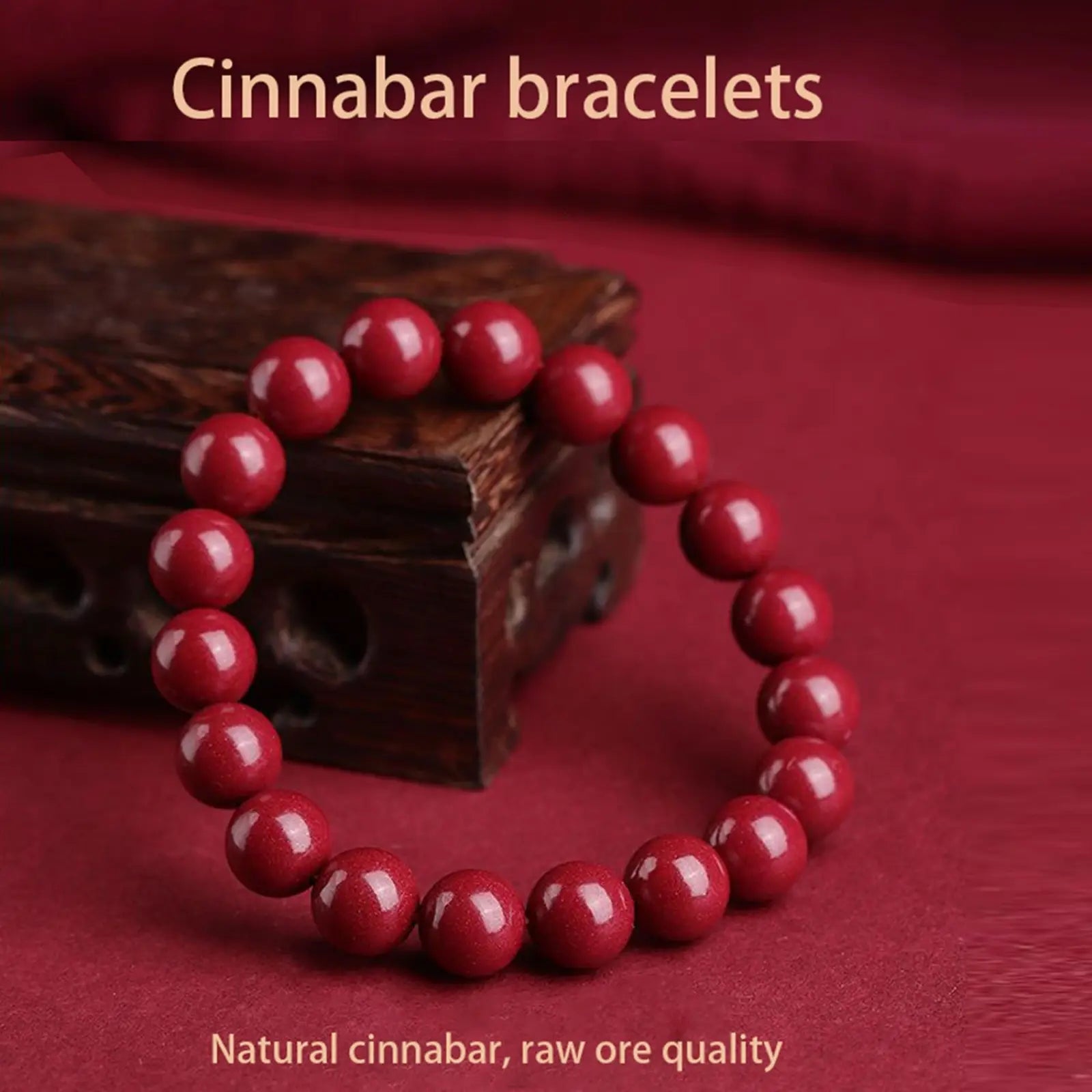 A polished red cinnabar spherical bead bracelet featuring vibrant glossy natural raw ore beads