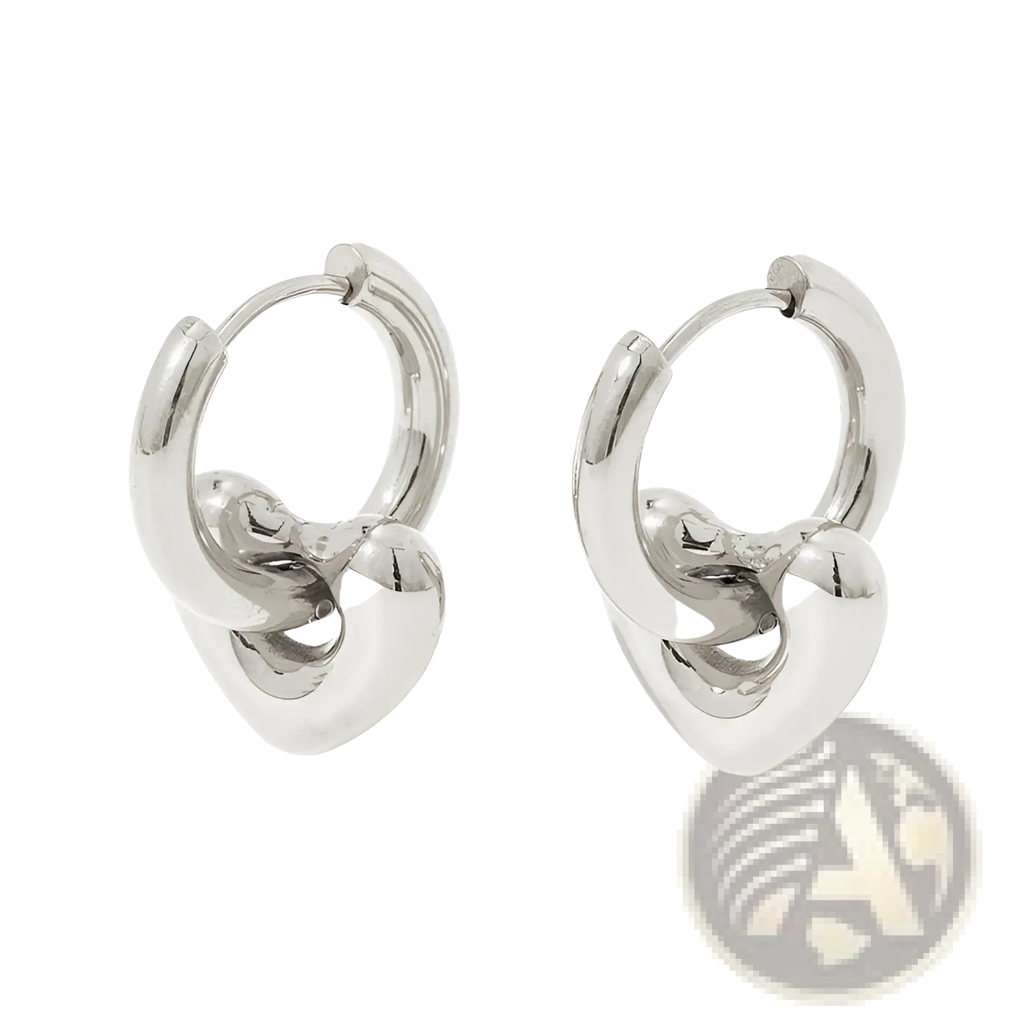 Polished stainless steel silver knot-shaped hoop earrings with a sleek polished finish and geometric charm design
