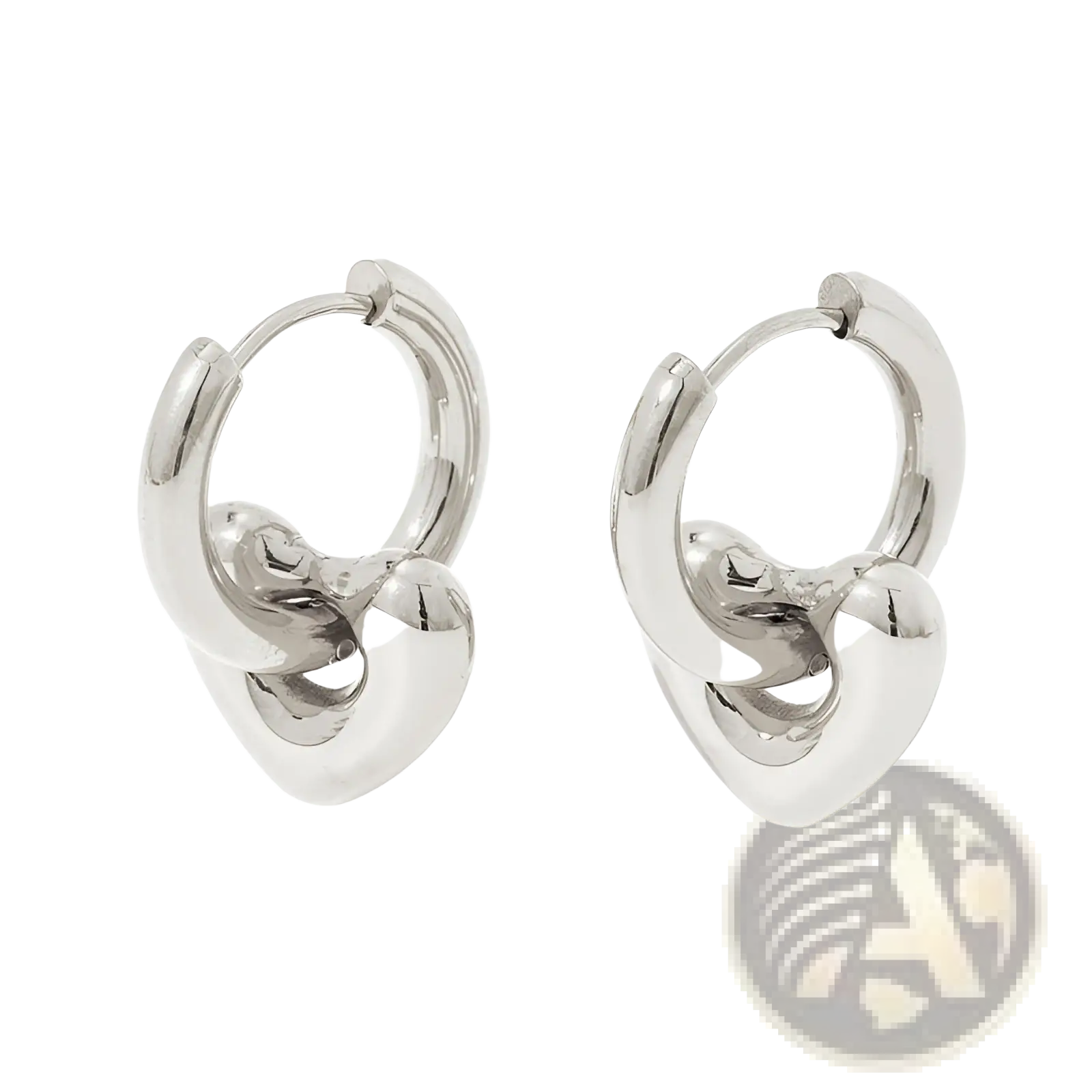Polished stainless steel silver knot-shaped hoop earrings with a sleek polished finish and geometric charm design