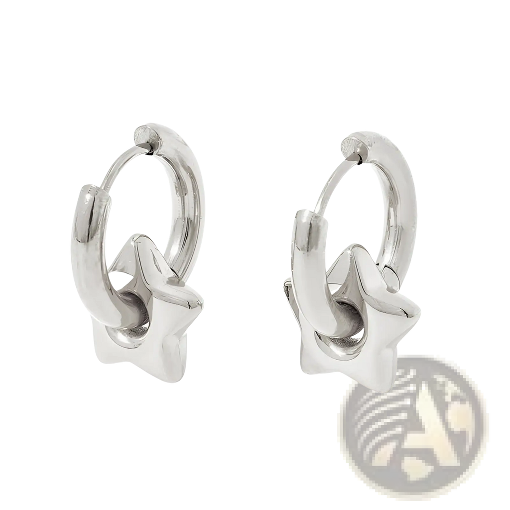 Polished stainless steel star-shaped hoop earrings with a sleek silver metallic finish