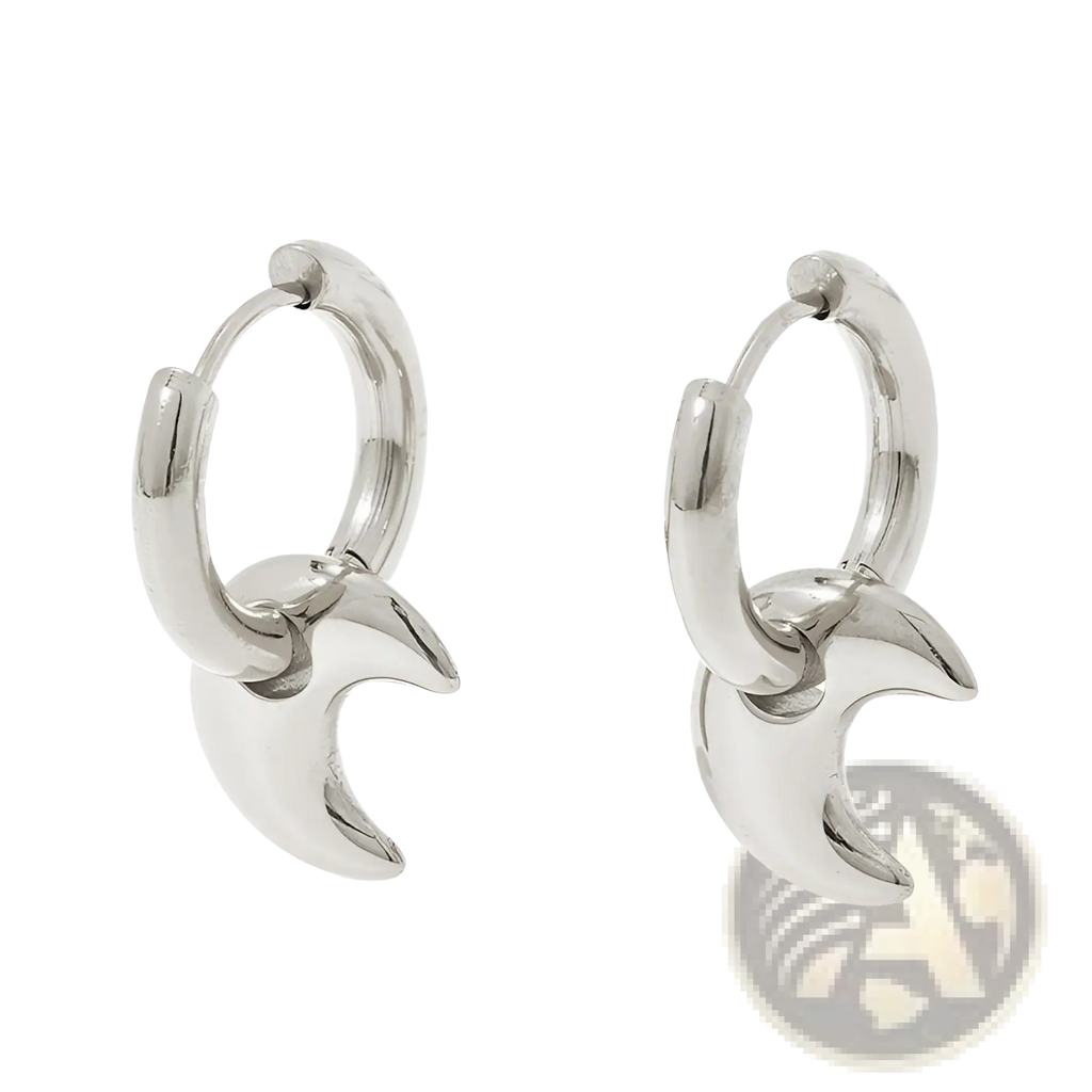 Polished stainless steel silver crescent moon-shaped hoop earrings with a metallic finish for stylish wear