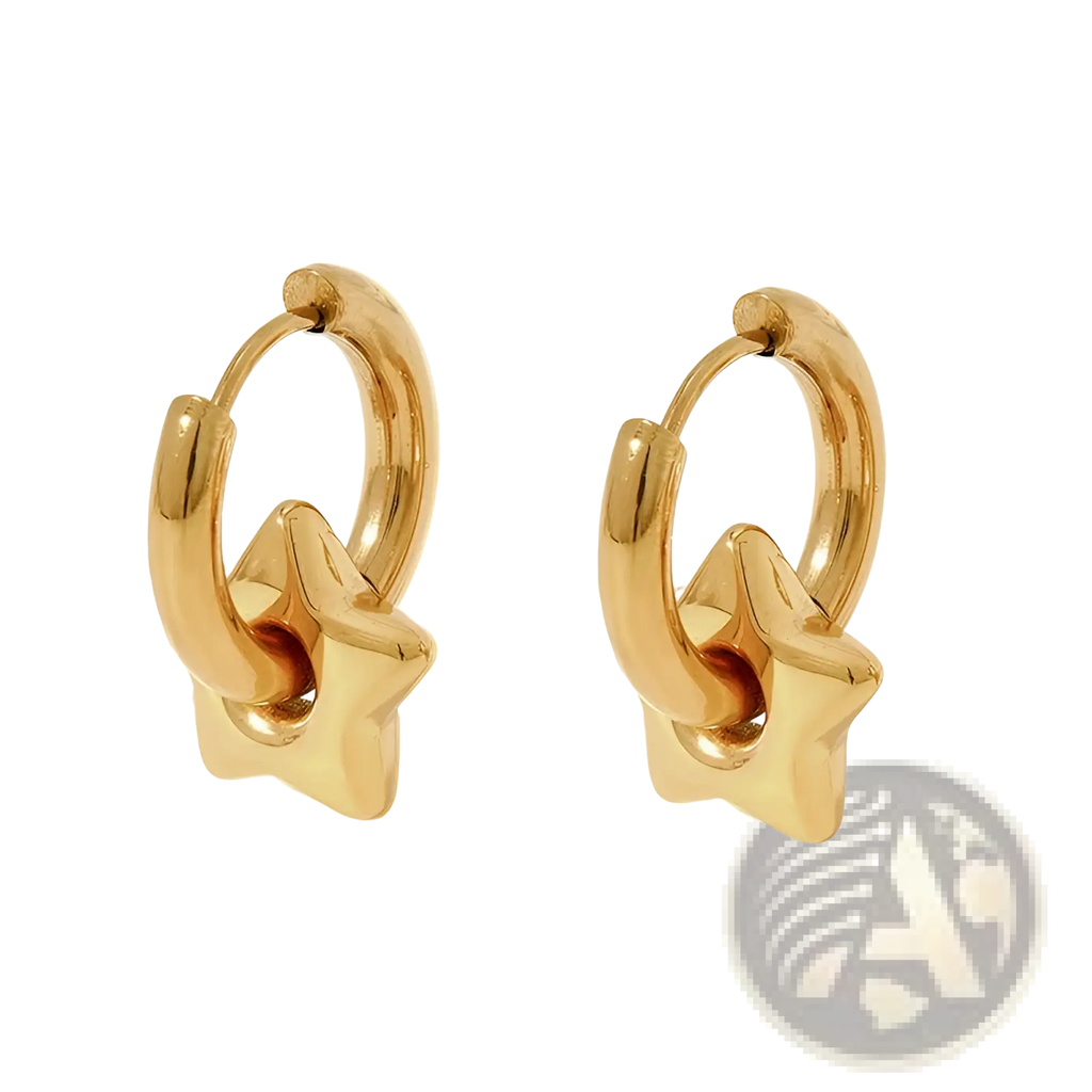 Polished stainless steel gold-colored star-shaped hoop earrings with a polished metallic finish