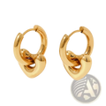 Polished stainless steel geometric charm hoop earrings in gold with a knot shape and polished metallic finish