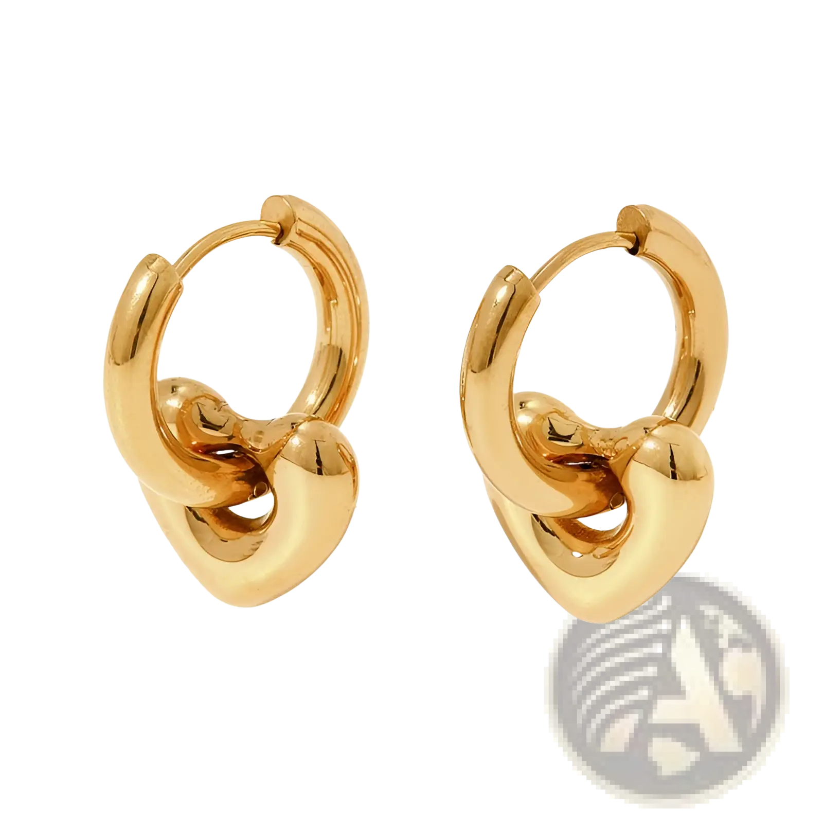 Polished stainless steel geometric charm hoop earrings in gold with a knot shape and polished metallic finish