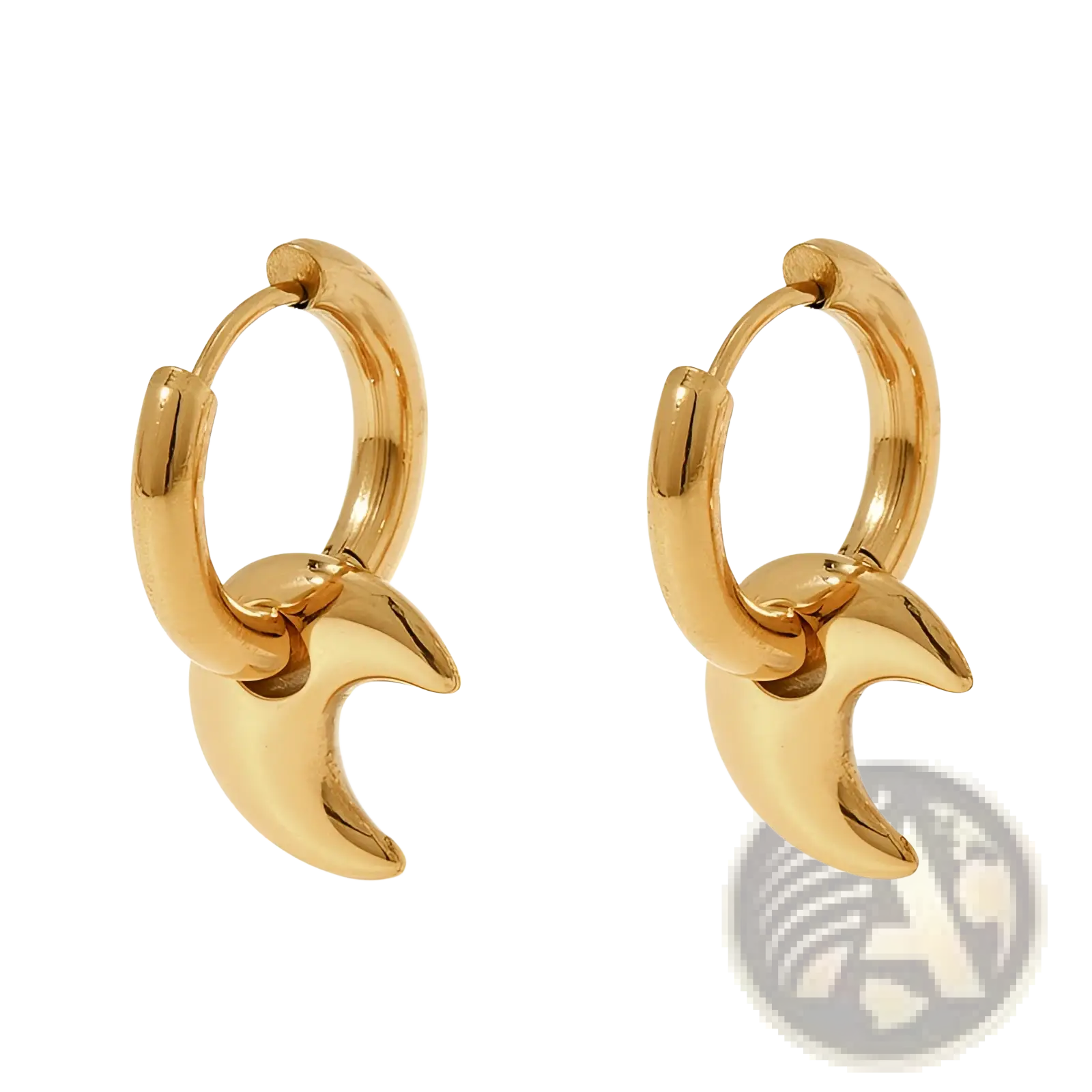 Gold-toned polished stainless steel hoop earrings with a geometric design featuring a dangling crescent moon charm