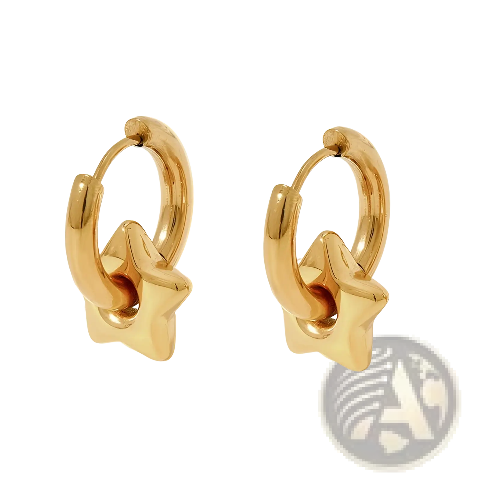 Polished stainless steel geometric charm hoop earrings with gold-colored star-shaped design and metallic finish