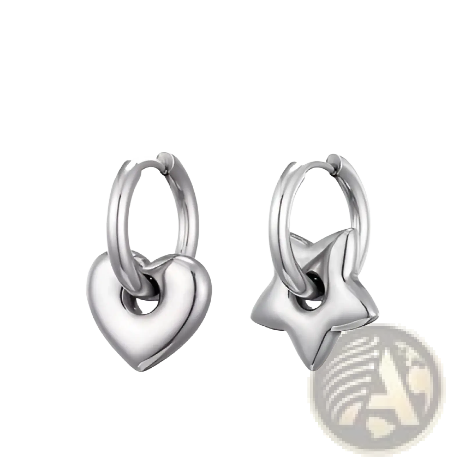 Polished stainless steel geometric charm hoop earrings in silver with heart and star shapes and a reflective finish