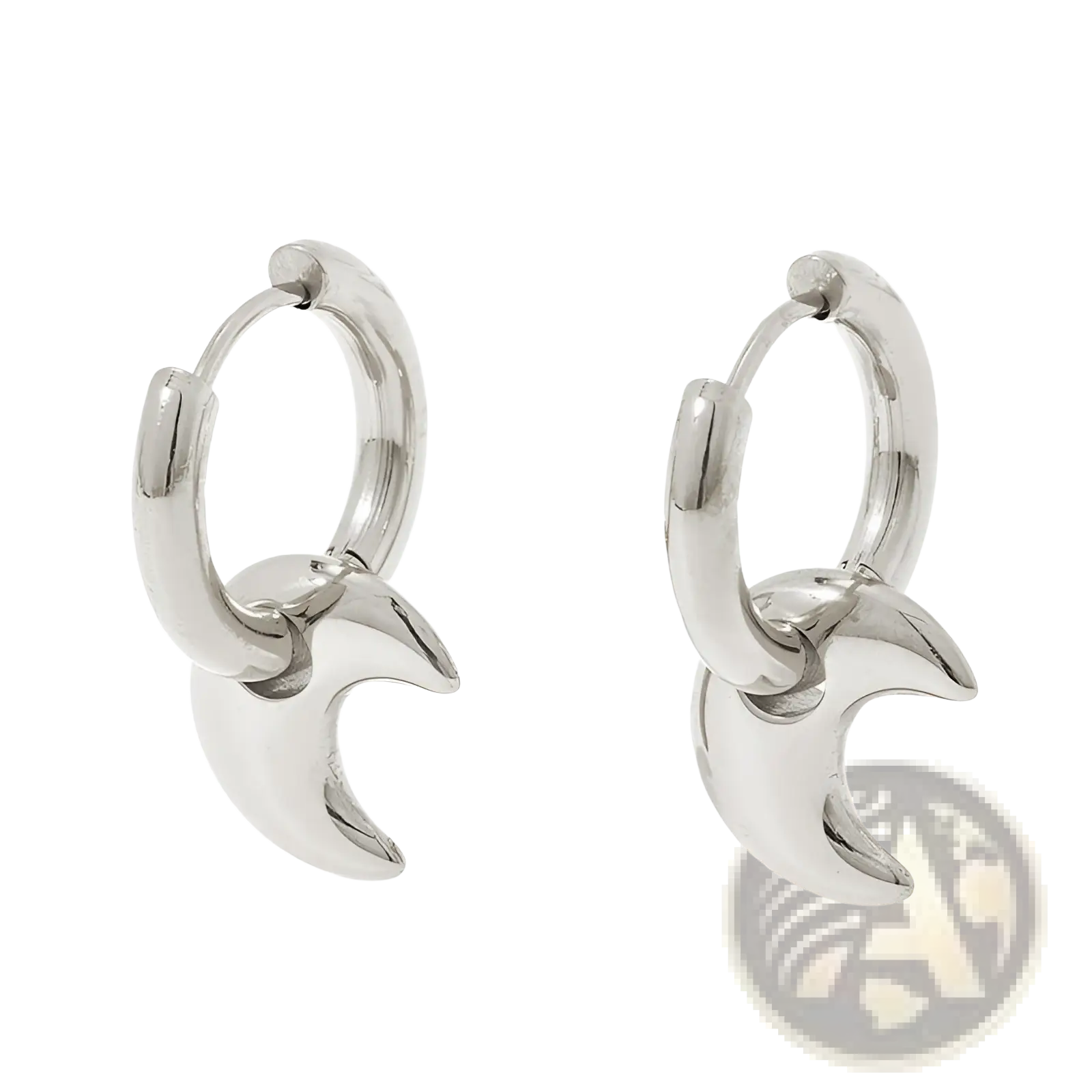 Silver crescent moon-shaped polished stainless steel geometric charm hoop earrings with a metallic finish