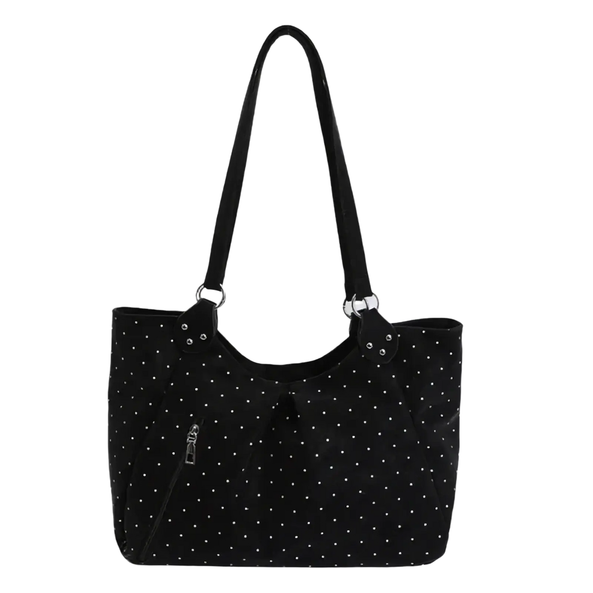 Black suede-like polka dot canvas tote bag with large capacity zipper and silver-toned hardware handbag