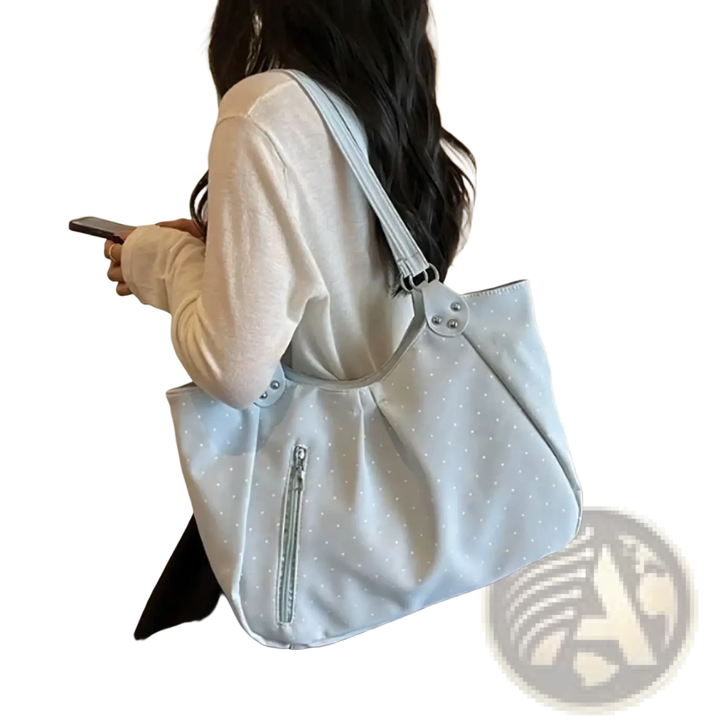 Light blue polka dot canvas tote bag with large capacity silver zipper and metal hardware handbag