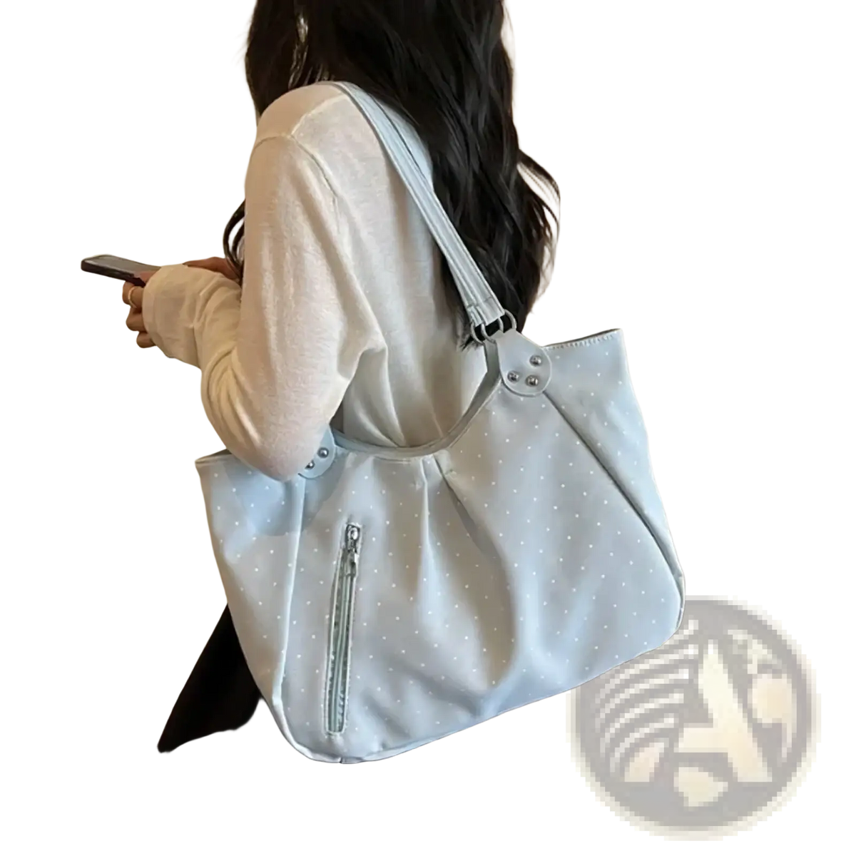 Light blue polka dot canvas tote bag with large capacity silver zipper and metal hardware handbag
