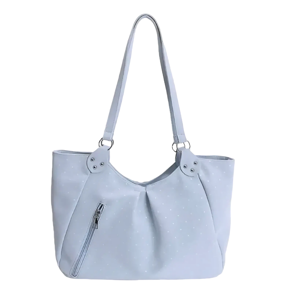 Light blue polka dot canvas tote bag with silver hardware and adjustable shoulder strap for large capacity use