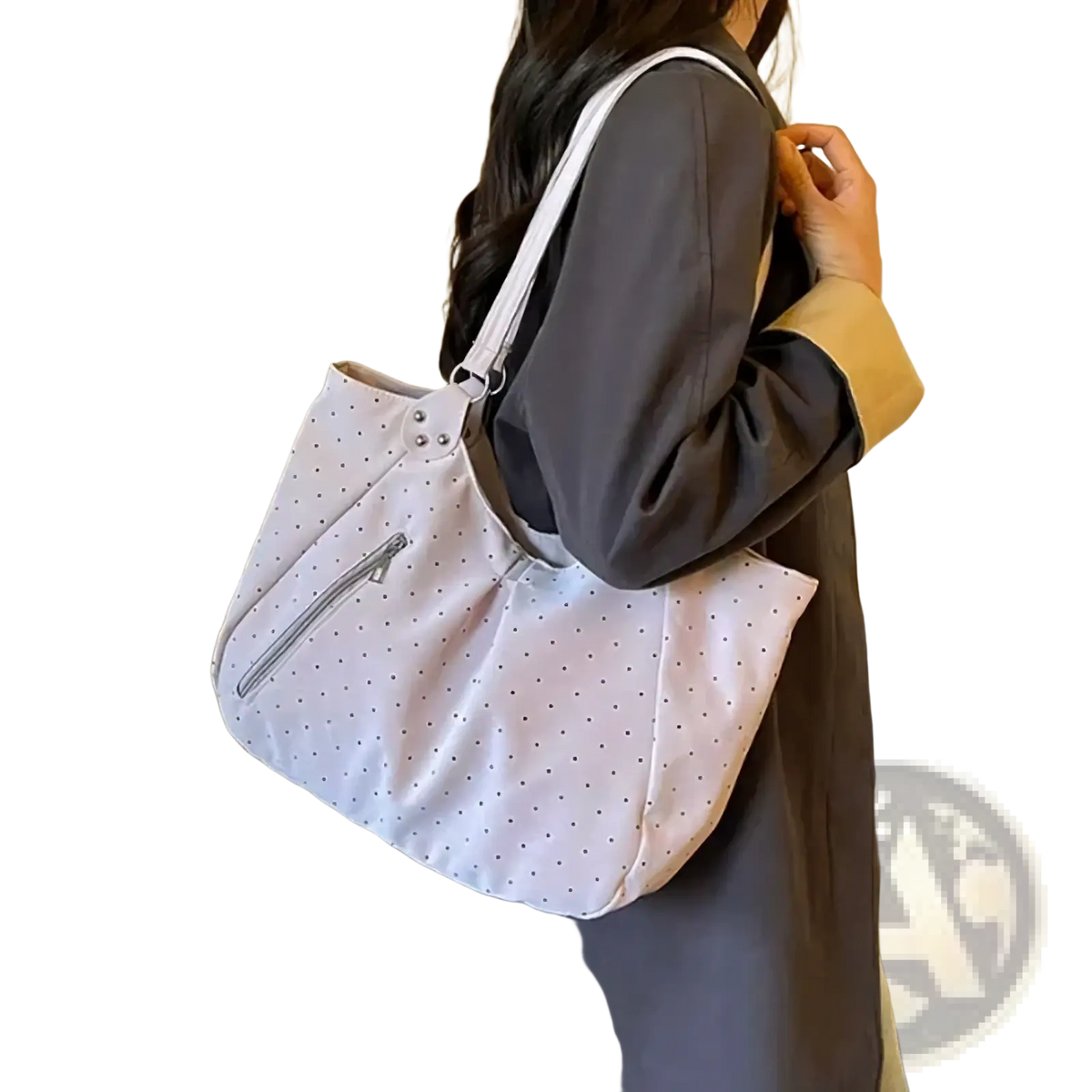 Light pink canvas tote bag with black polka dots and silver zipper large capacity zipper handbag