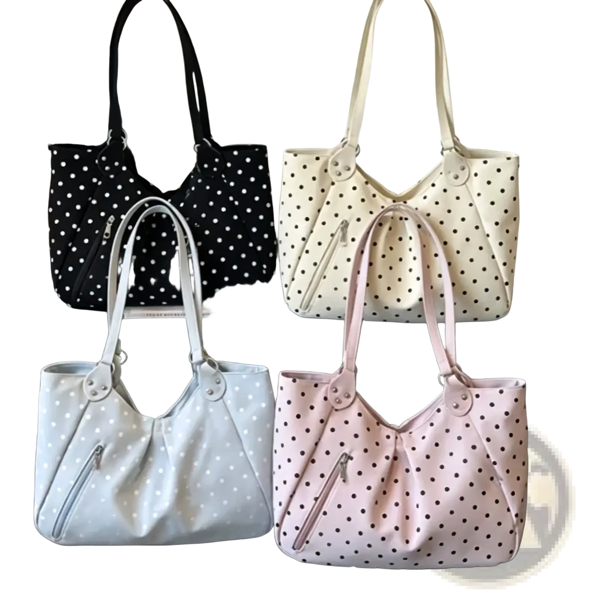 Polka dot canvas tote bag large capacity zipper handbag in black cream light gray and pink with matching handles