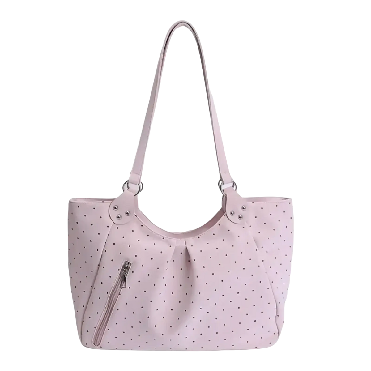 A soft pink polka dot canvas tote bag with large capacity, zipper closure, and sturdy shoulder straps