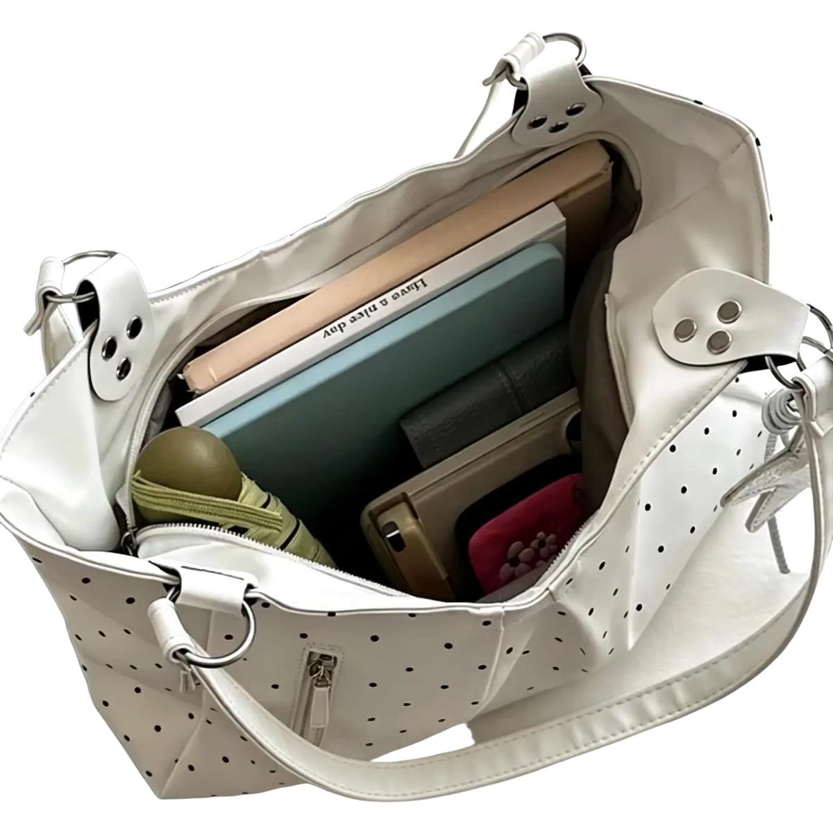 White polka dot canvas tote bag large capacity with leather like material and silver hardware zipper handbag