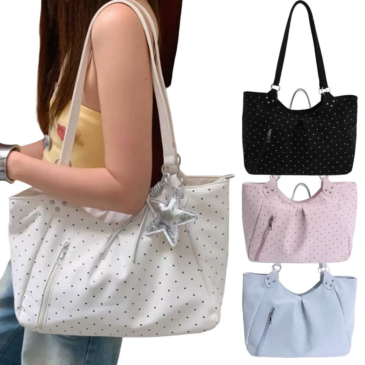 White polka dot canvas tote bag with large capacity silver star charm and zipper handbag details
