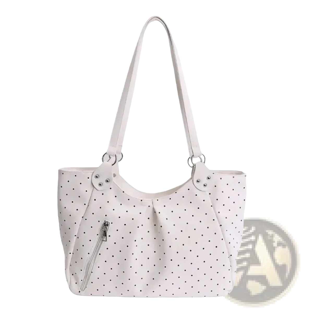 White polka dot canvas tote bag with large capacity, adjustable shoulder strap, and front zipper pocket