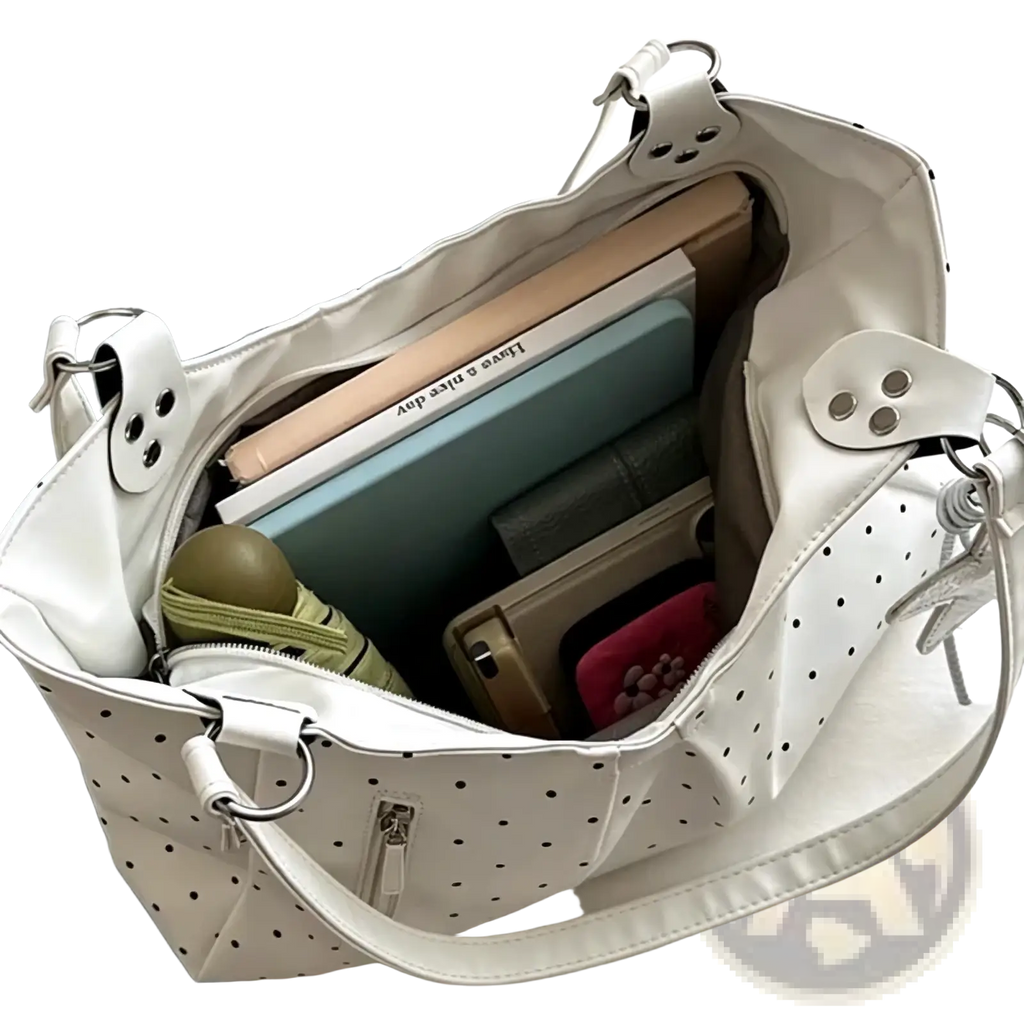 White polka dot canvas tote bag large capacity with leather like material and silver hardware zipper handbag