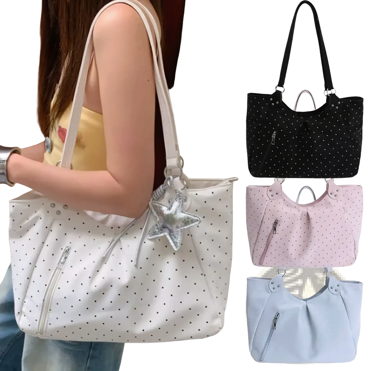 White polka dot canvas tote bag with large capacity silver star charm and zipper handbag details