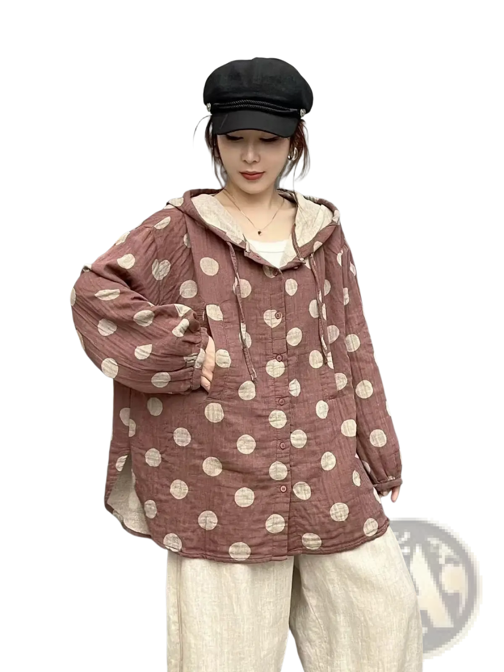 A cozy dusty rose polka dot cardigan hoodie with cream dots and a soft inner lining for comfortable wear