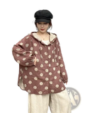 A cozy dusty rose polka dot cardigan hoodie with cream dots and a soft inner lining for comfortable wear