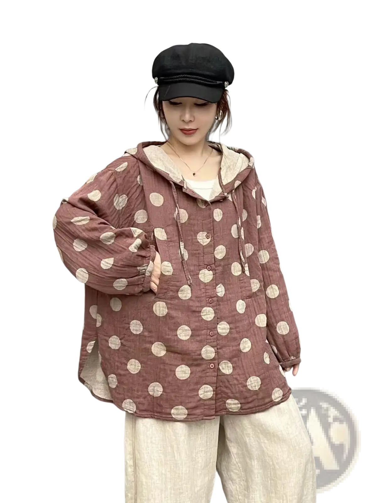 A cozy dusty rose polka dot cardigan hoodie with cream dots and a soft inner lining for comfortable wear