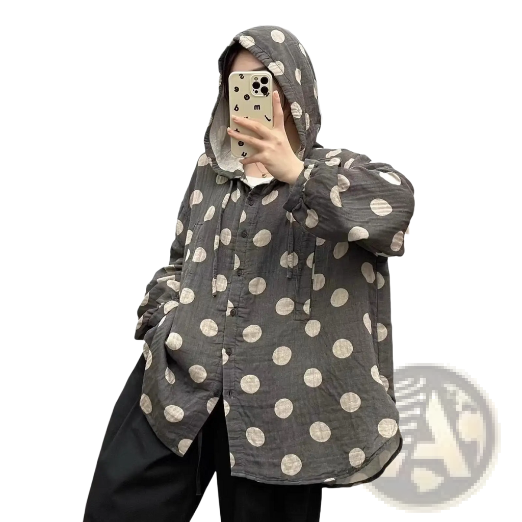 Gray polka dot cardigan hoodie with hood button up front and relaxed oversized fit for casual wear