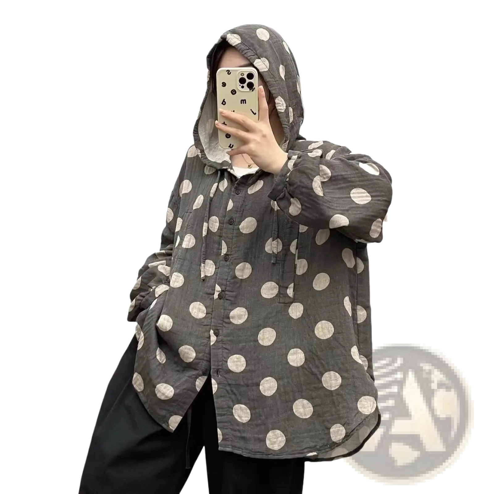 Gray polka dot cardigan hoodie with hood button up front and relaxed oversized fit for casual wear