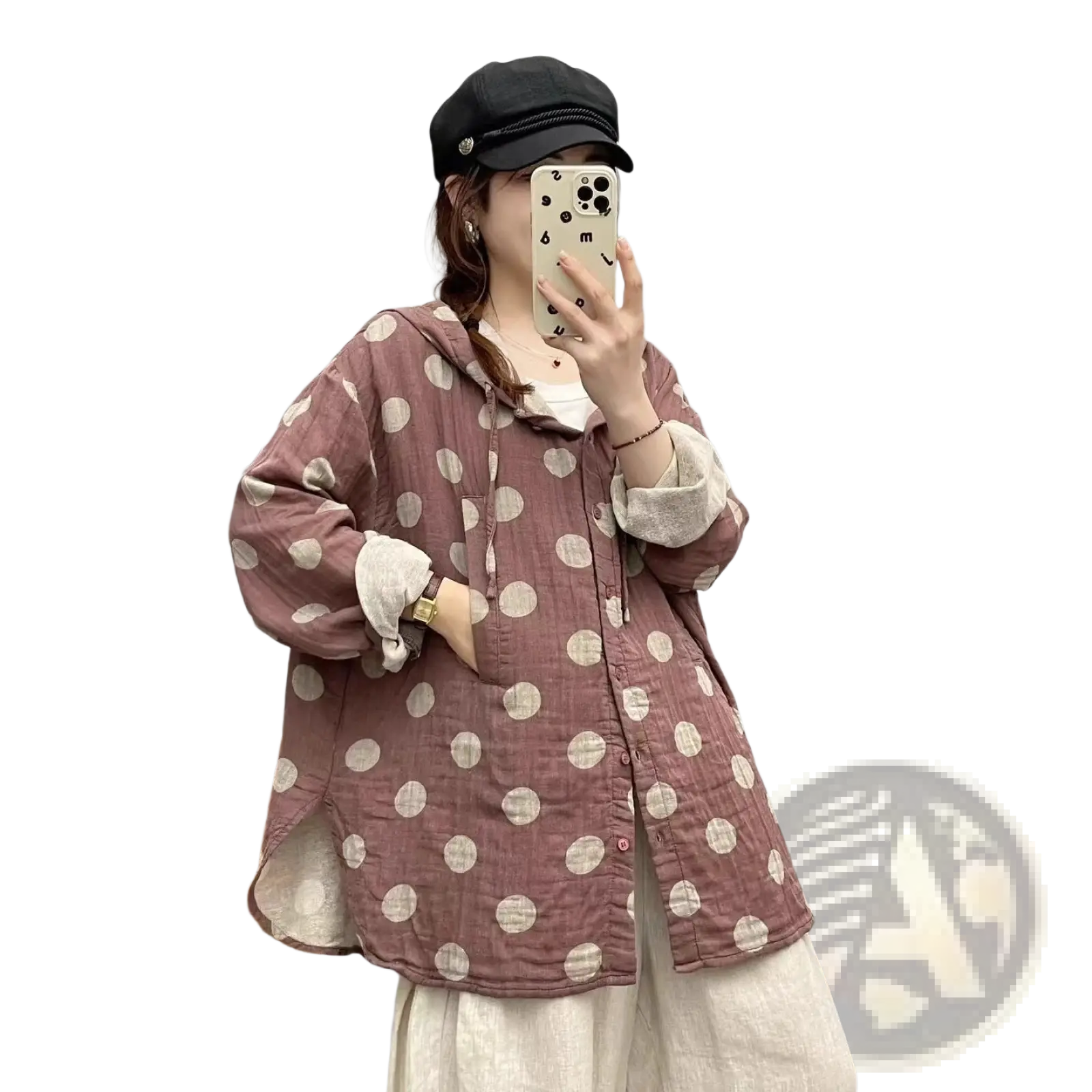 A soft mauve long-sleeved button-up hoodie cardigan with white polka dots perfect for casual wear