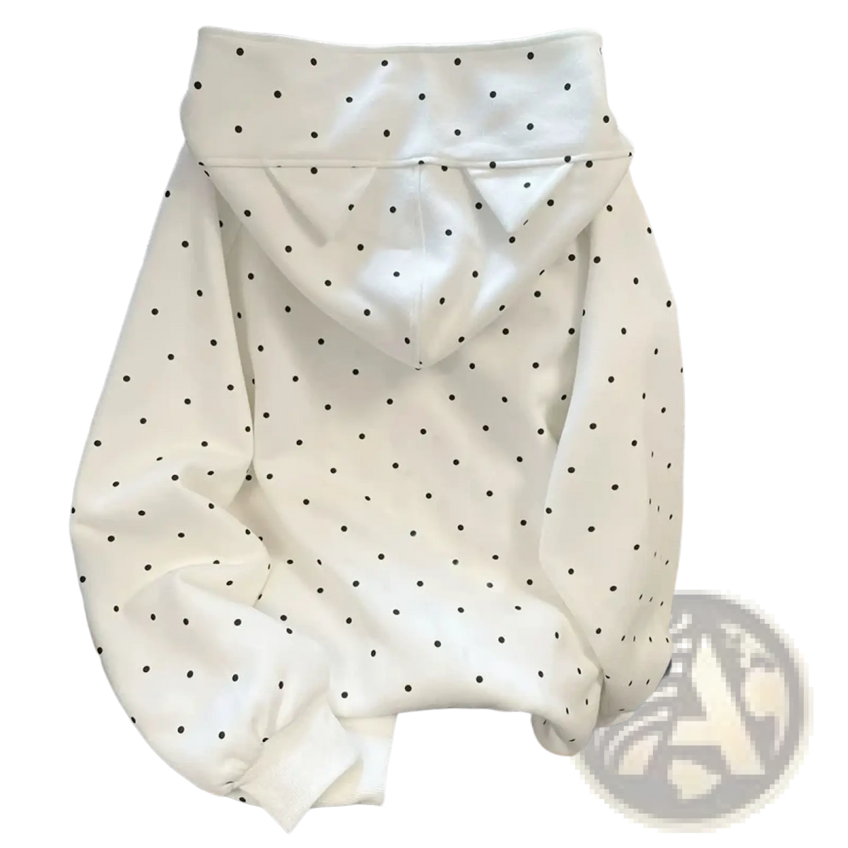 White polka dot cat zip hoodie made of soft fabric featuring black polka dots in a kawaii preppy style