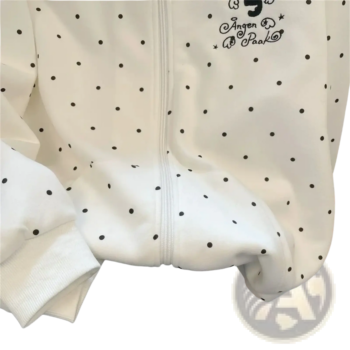 White zip-up hoodie with black polka dots and embroidered angen & paak text for kawaii preppy casual wear