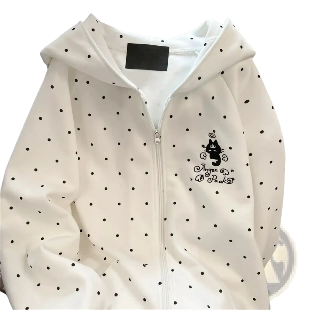 White polka dot zip up hoodie with black cat embroidery and angen & paak text on the chest in kawaii preppy style