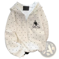 White polka dot zip hoodie with black cat embroidery and angen dpaak text, kawaii preppy sweatshirt style