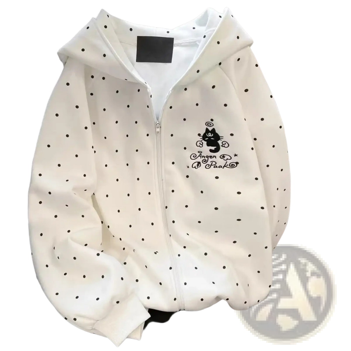 White polka dot zip hoodie with black cat embroidery and angen dpaak text, kawaii preppy sweatshirt style