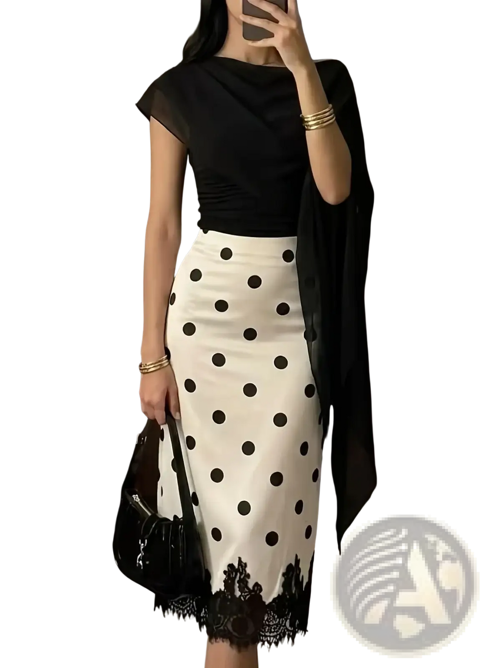 Polka dot lace midi skirt in black and white with black lace trim featuring a classic polka dot pattern