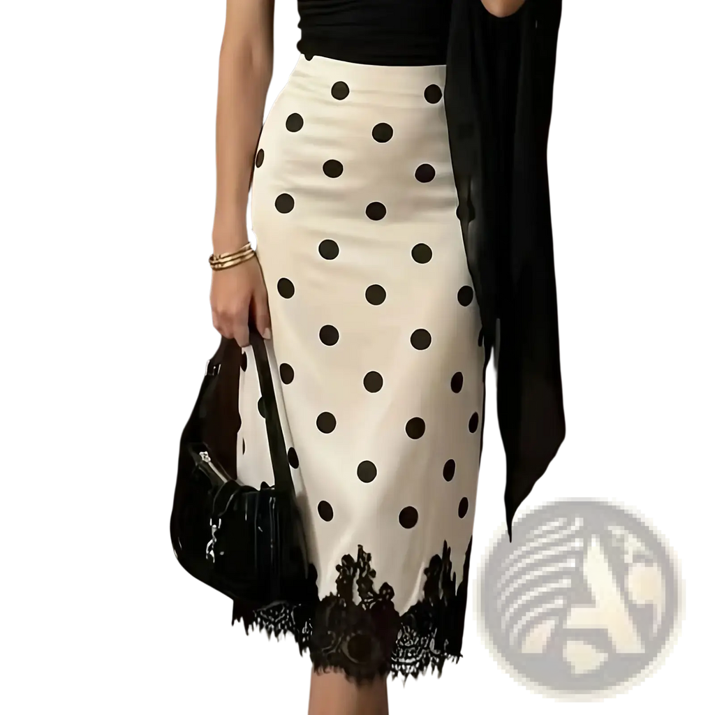 Polka dot lace midi skirt featuring white fabric with black polka dots and delicate black lace trim at the hem