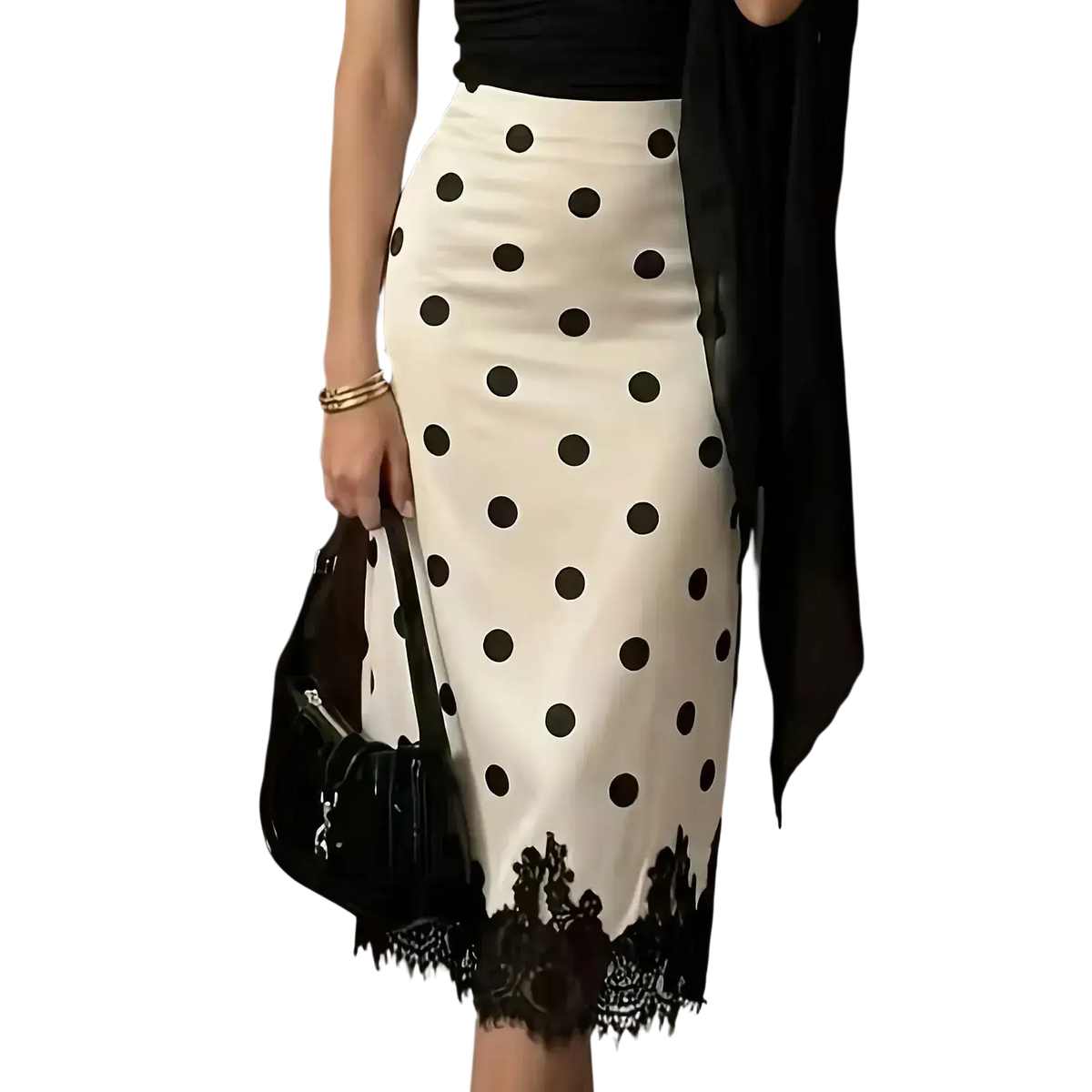 White midi skirt with black polka dot pattern and delicate black lace trim at the hem perfect for elegant wear
