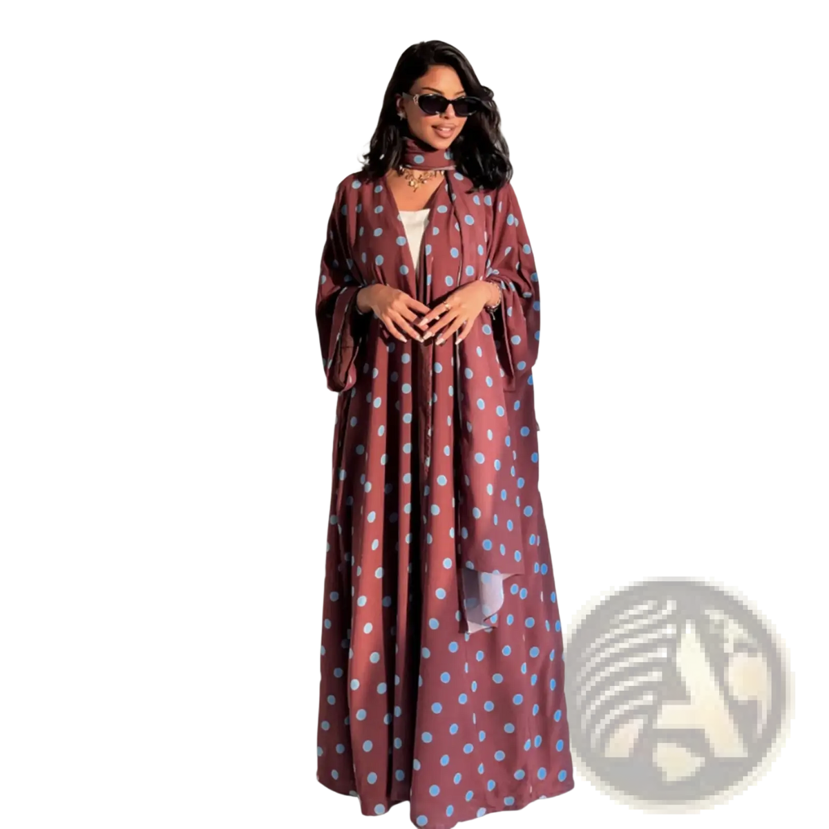 A maroon polka dot Muslim abaya set with light blue dots featuring a flowing silhouette and long sleeves for Dubai hijab dress
