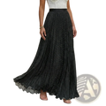 Black pleated maxi skirt with subtle white polka dots and a sheer ruffled hem for elegant occasions