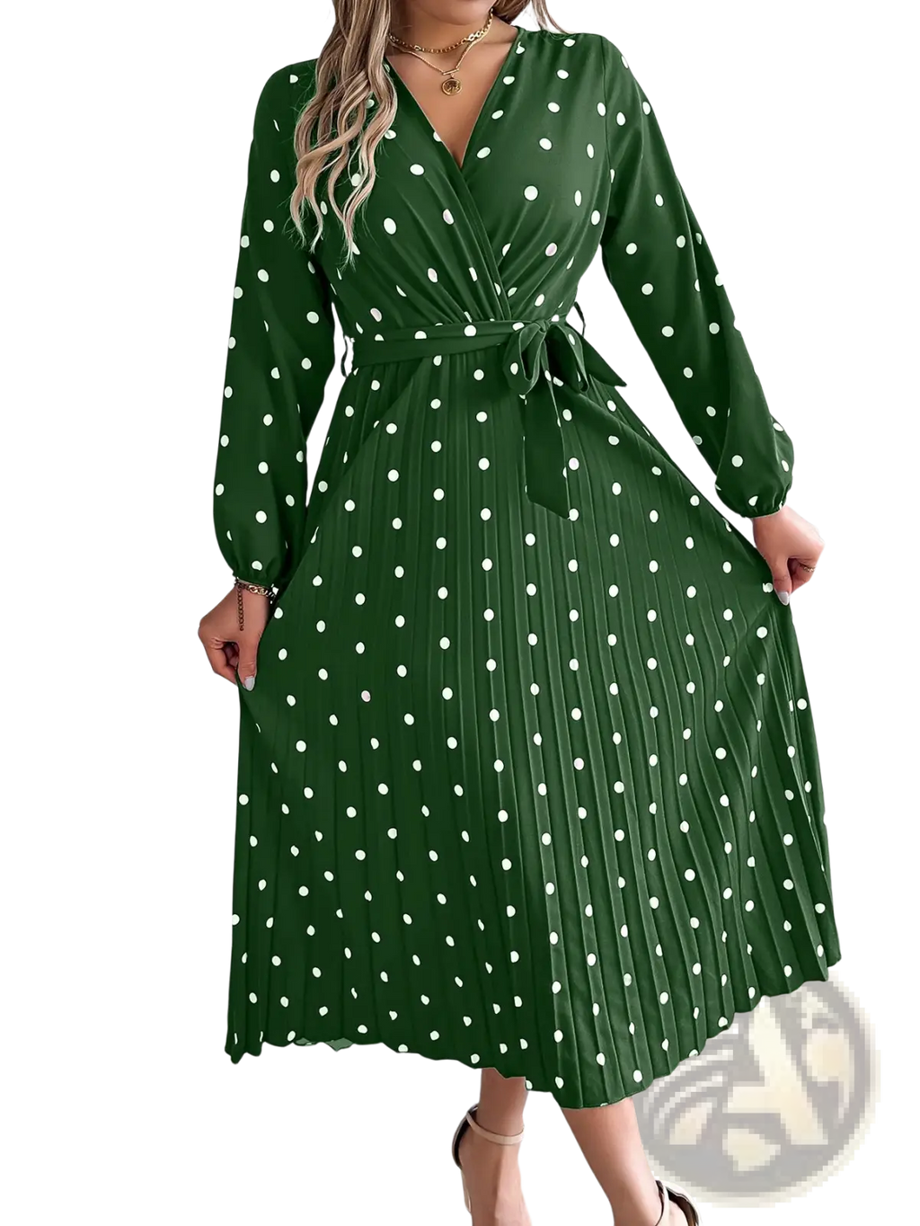 A green polka-dot midi dress with long sleeves and a pleated skirt featuring a v neck design