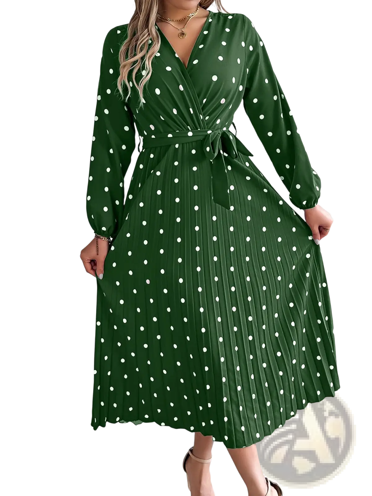 A green polka-dot midi dress with long sleeves and a pleated skirt featuring a v neck design