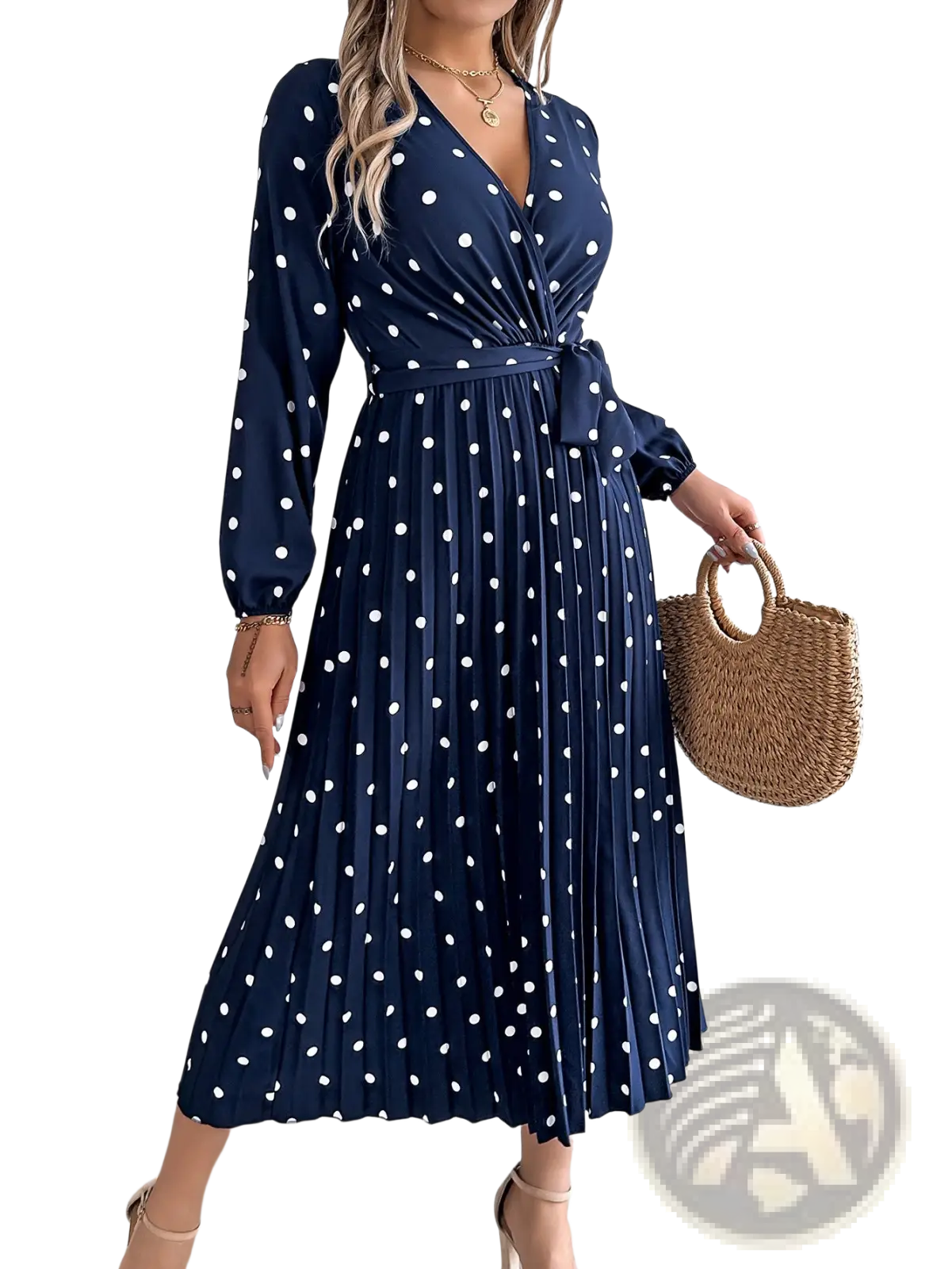 A navy blue polka dot wrap maxi dress with pleated skirt long sleeves and a self-tie belt