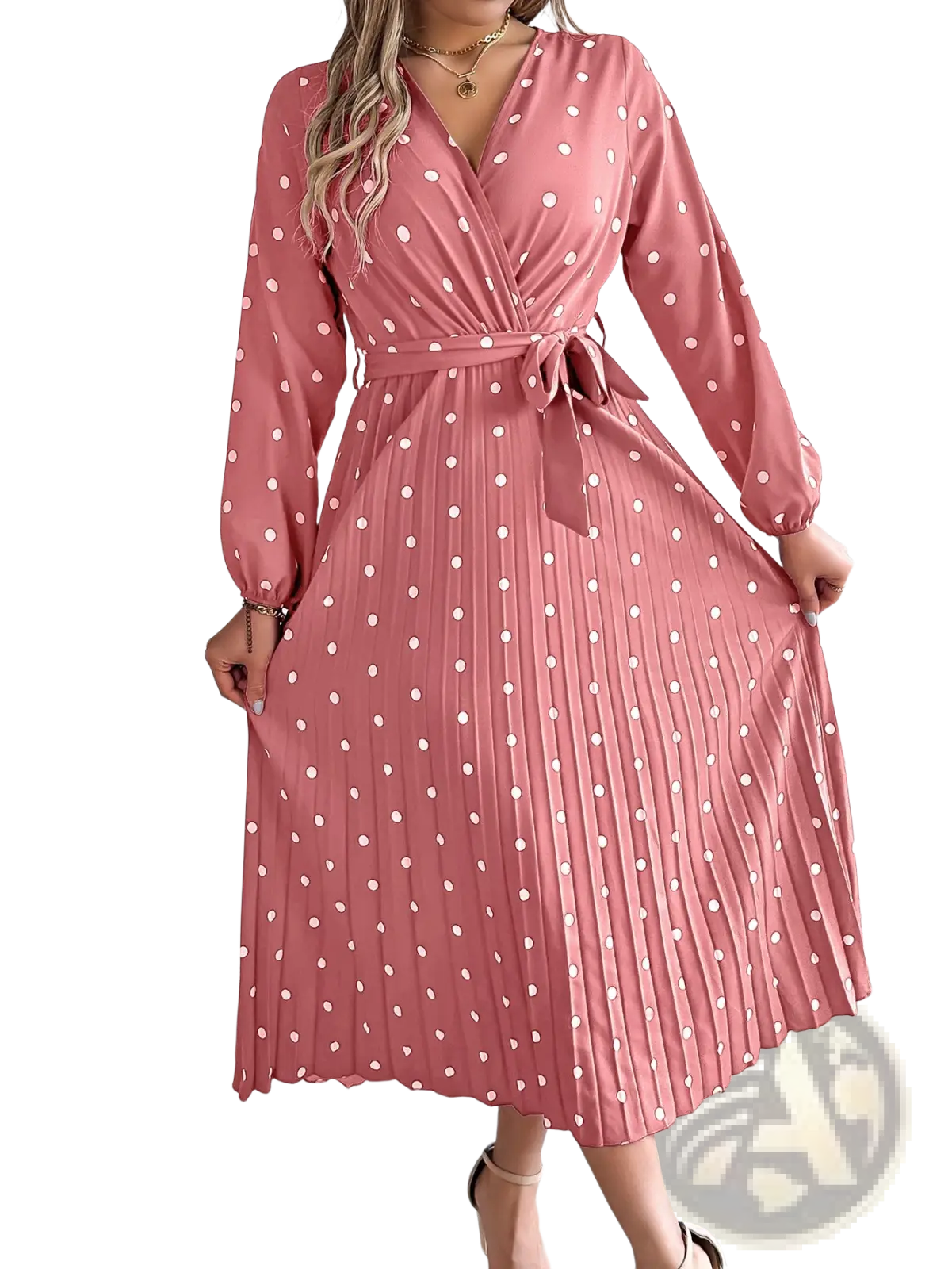 A pink polka-dot midi dress with long sleeves pleated skirt and self-tie belt at the waist