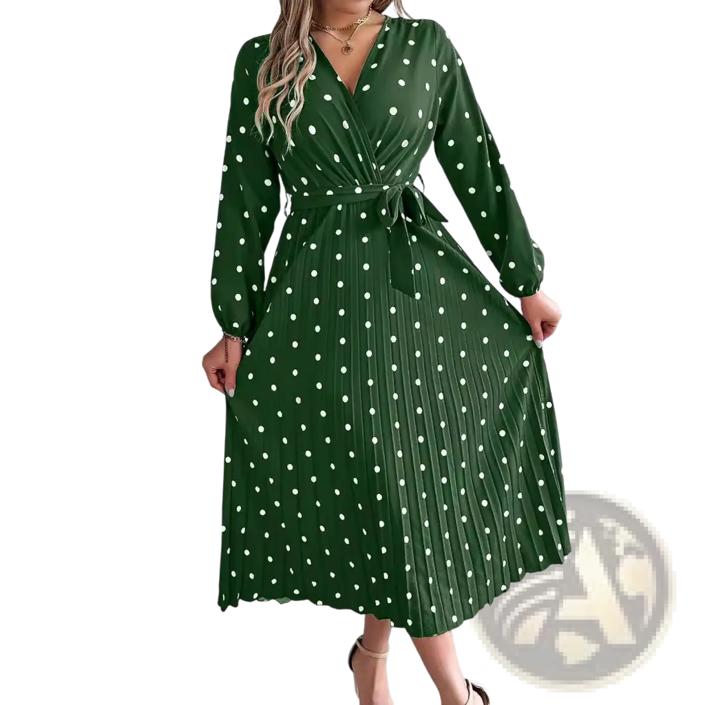 A green polka dot pleated midi dress with v neck long sleeves and a flowy skirt for elegant occasions