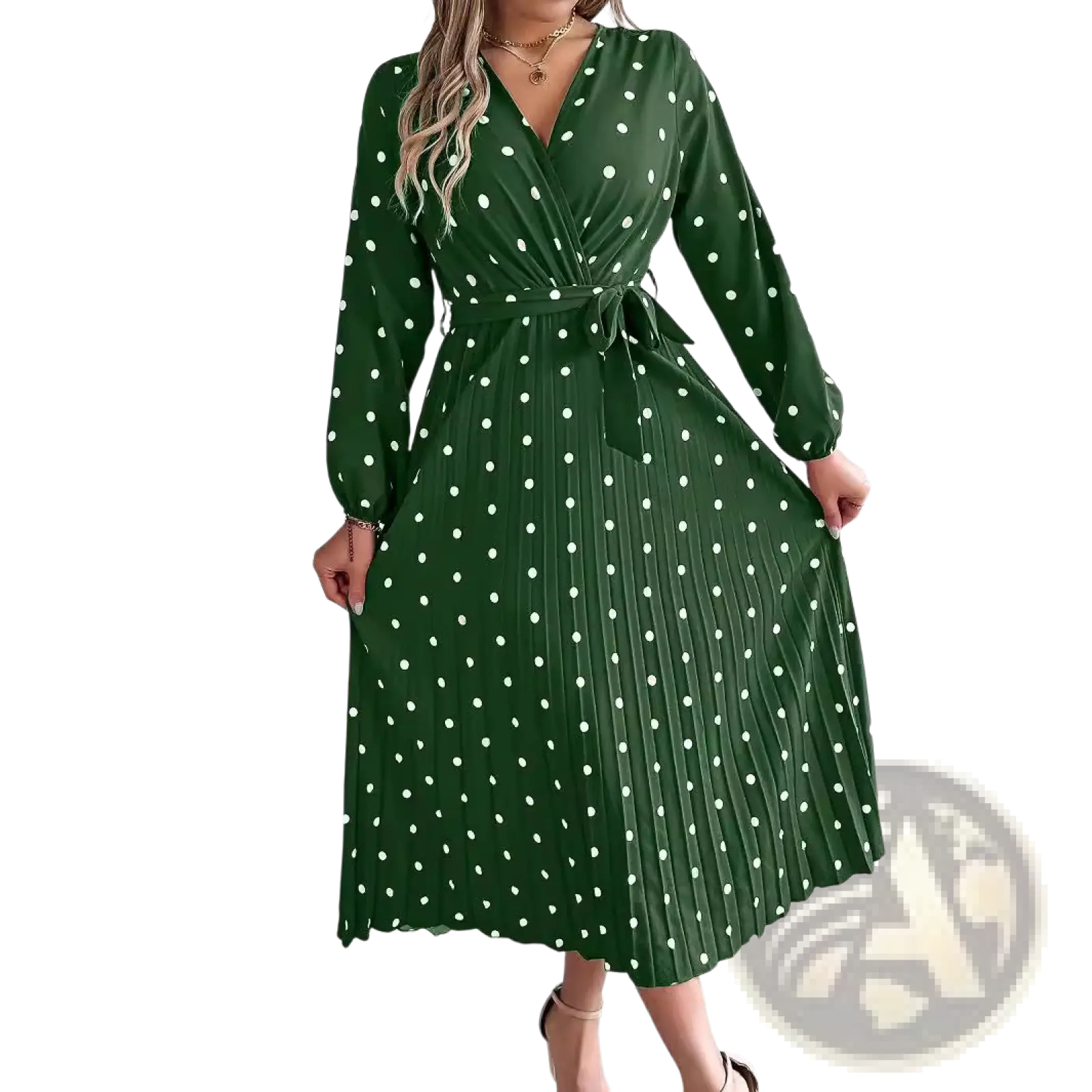 A green polka dot pleated midi dress with v neck long sleeves and a flowy skirt for elegant occasions