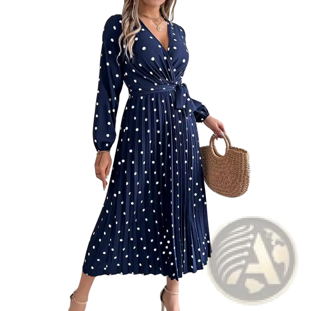 Navy blue polka dot pleated midi dress with long sleeves and v neck, featuring a flowy skirt for elegant occasions