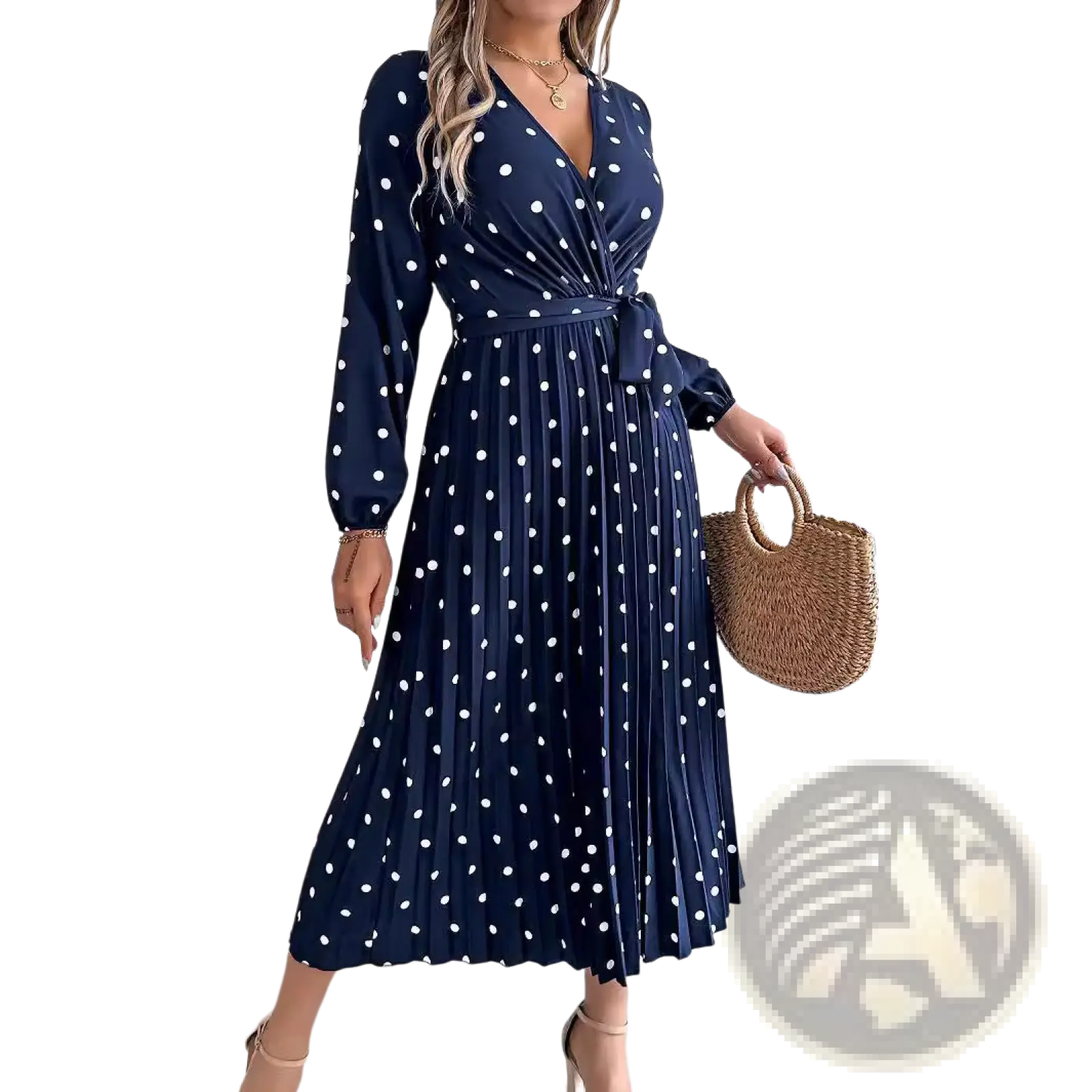 Navy blue polka dot pleated midi dress with long sleeves and v neck, featuring a flowy skirt for elegant occasions