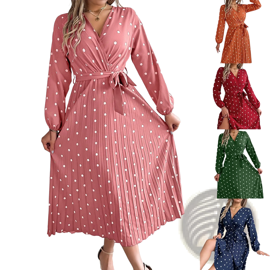 Pink polka dot pleated v neck long sleeve maxi dress with wrap design and flowing skirt for elegant occasions
